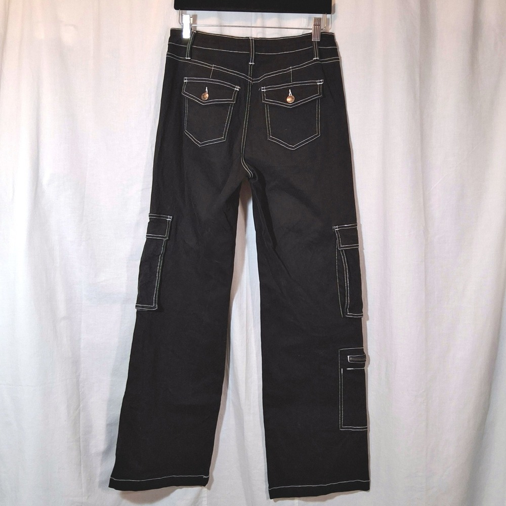 Vtg Hot Kiss Cargo Pants Jrs 7 Black Contrast Stitch Wide Leg Y2K Utility Grunge - Picture 4 of 8
